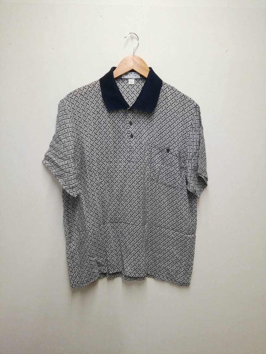 ★【古着】飛王　ポロシャツ　半袖　白　柄物(紺、グレー系)　　シルク100％　X