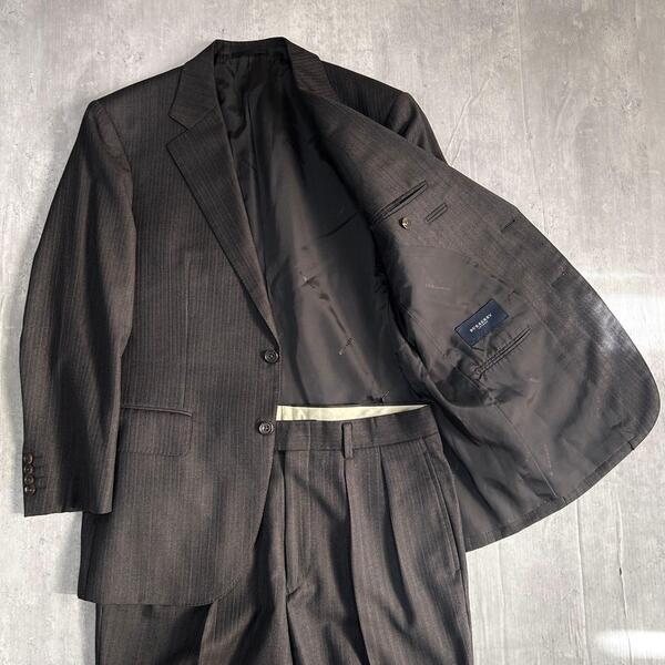 美品 希少 濃茶ストライプ バーバリーロンドン Burberry London スーツ テーラードジャケット スラックス 2タック セットアップ AB4 L相当