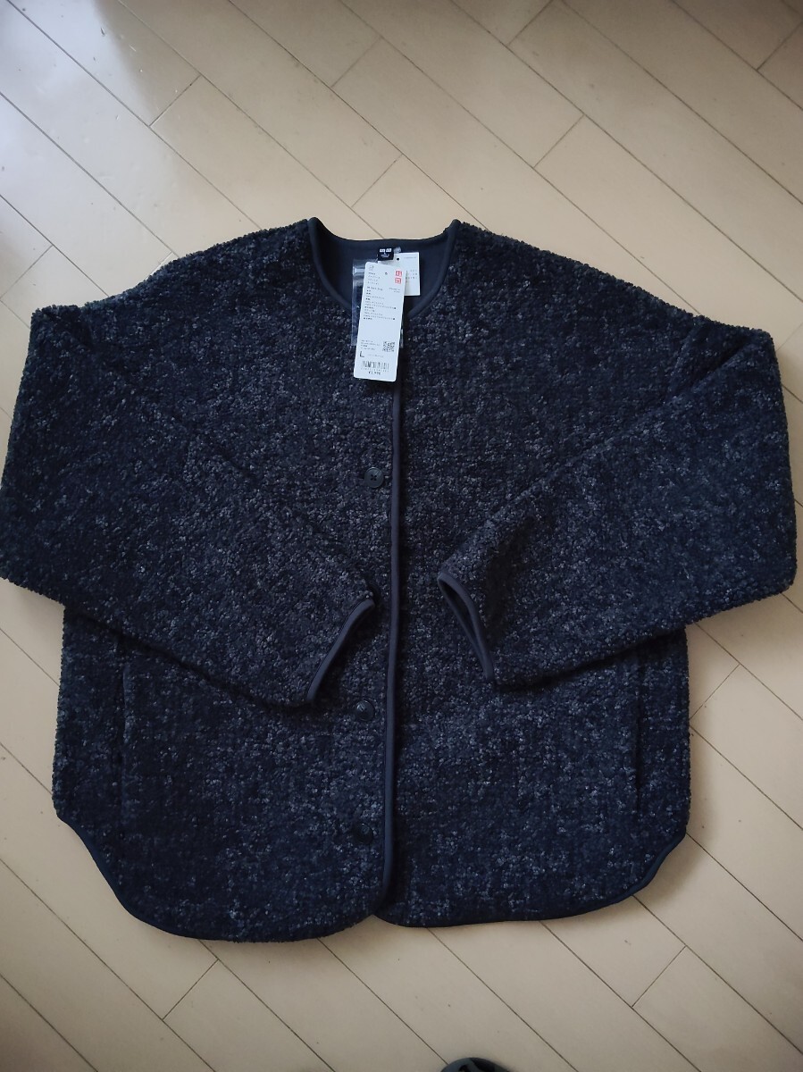 送料　ユニクロ　ボアフリースリラックスカーディガン　L　ダークグレー