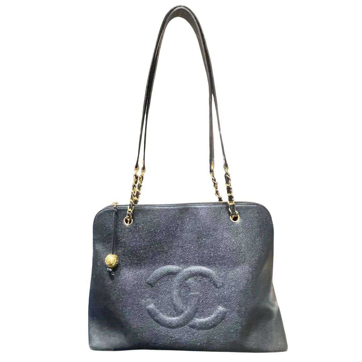 【中古】シャネル ヴィンテージ デカココ キャビアスキン チェーントートバッグ 