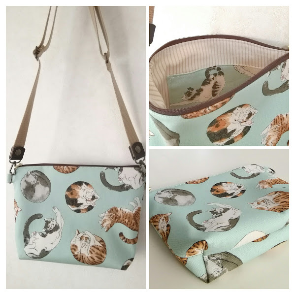 ハンドメイド 〈サコッシュ用〉マチ付きポーチ　くつろぐ猫＊ニャンモナイト〈25×