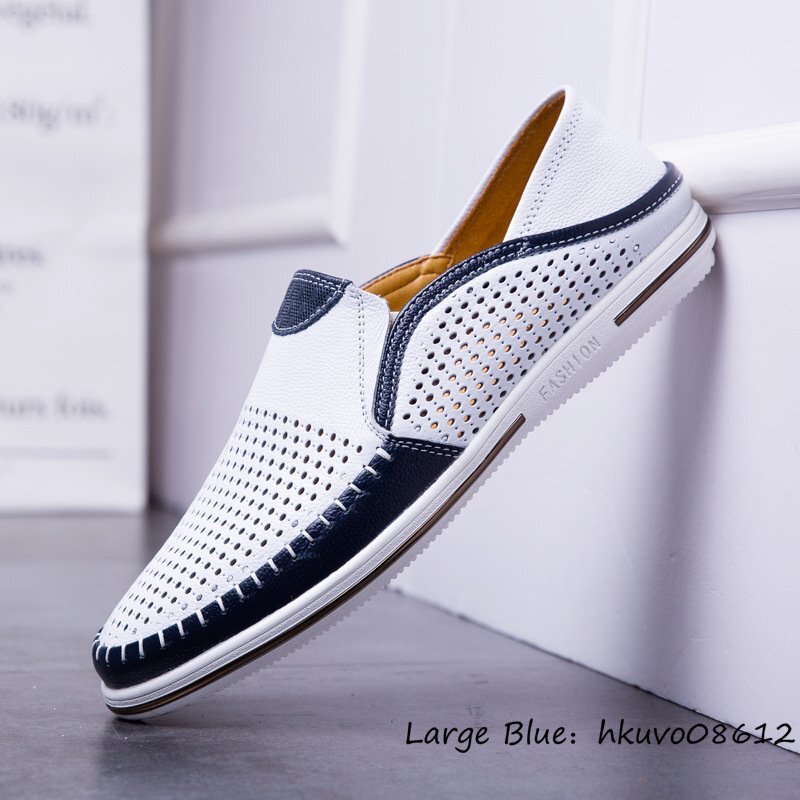 新品★メンズ スリッポン 透かし彫り 通気性 ローファー 切替配色 牛革 ドライ