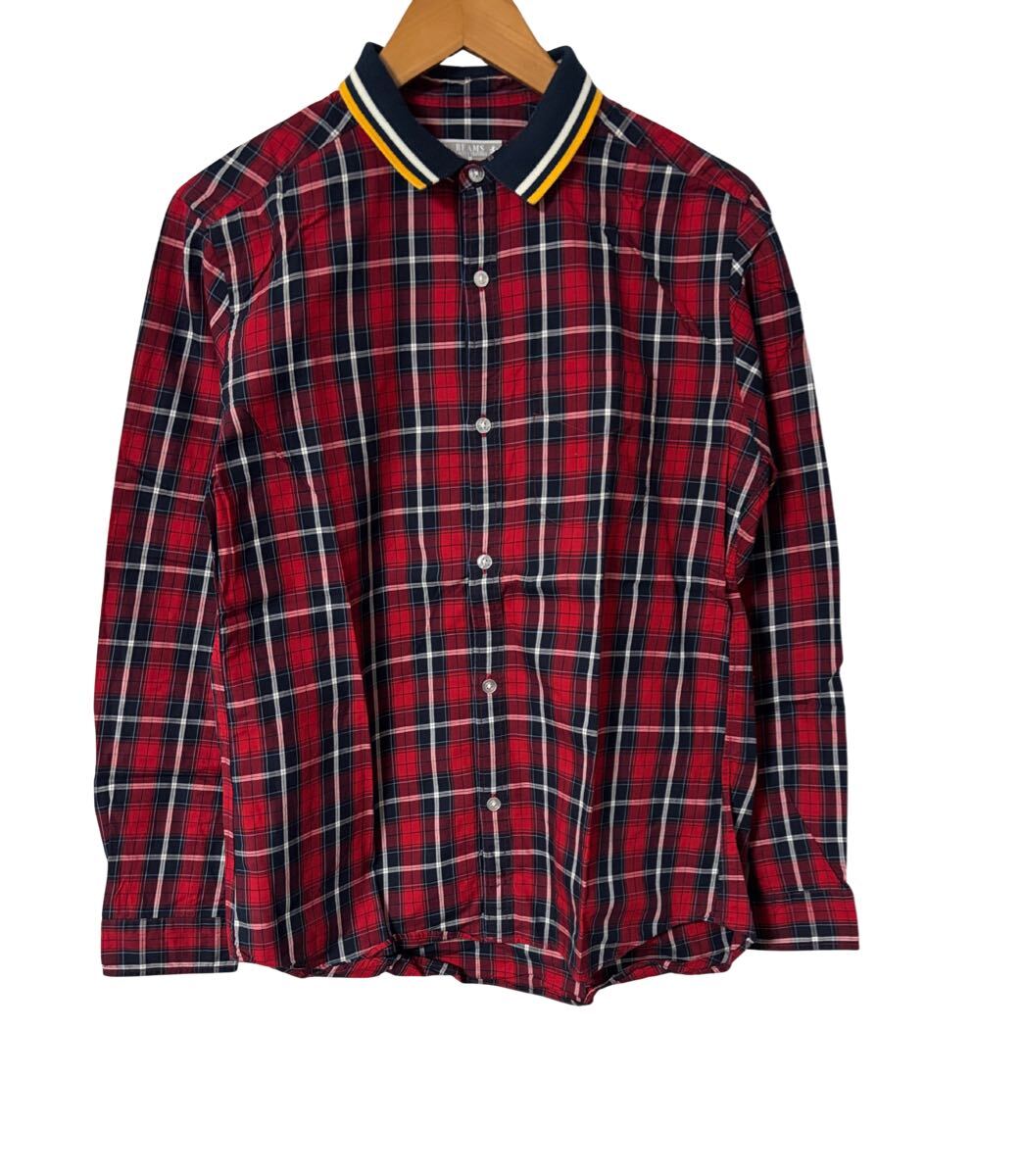 BEAMS 襟ライン切替 チェックシャツ M レッド×ネイビー 長袖 カジュアル