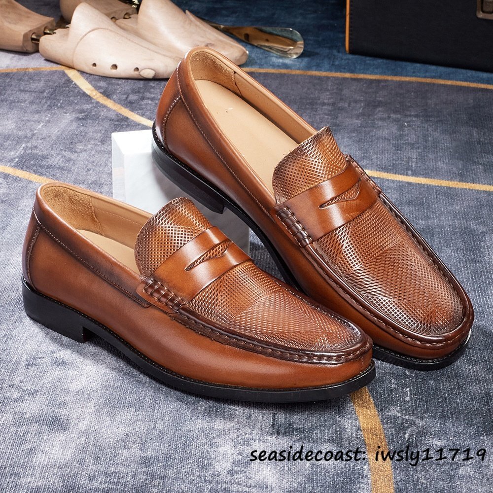 超希少★メンズ ペニーローファー 本革 スリッポン 職人手作り 透かし彫り 通気