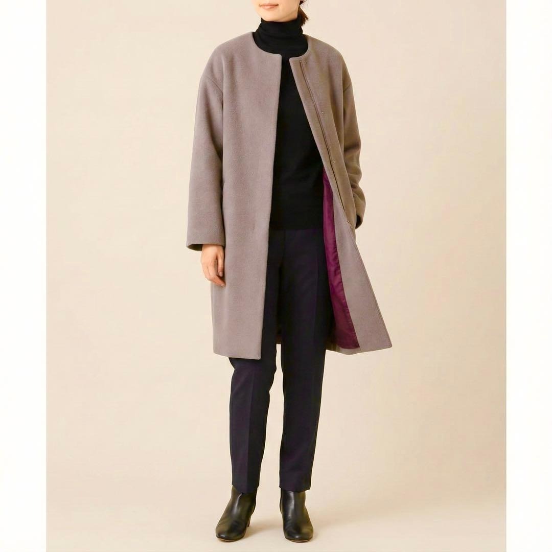 IENA イエナ ラムウール ノーカラー ロングコート グレージュ 比翼デザイン