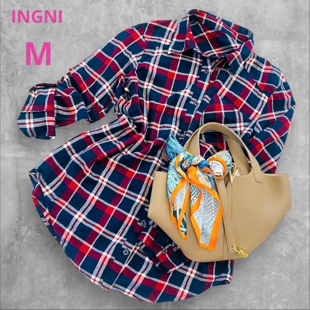 イング ネルシャツ M 長袖 チェック 綿100% コットン ロールアップ袖 A