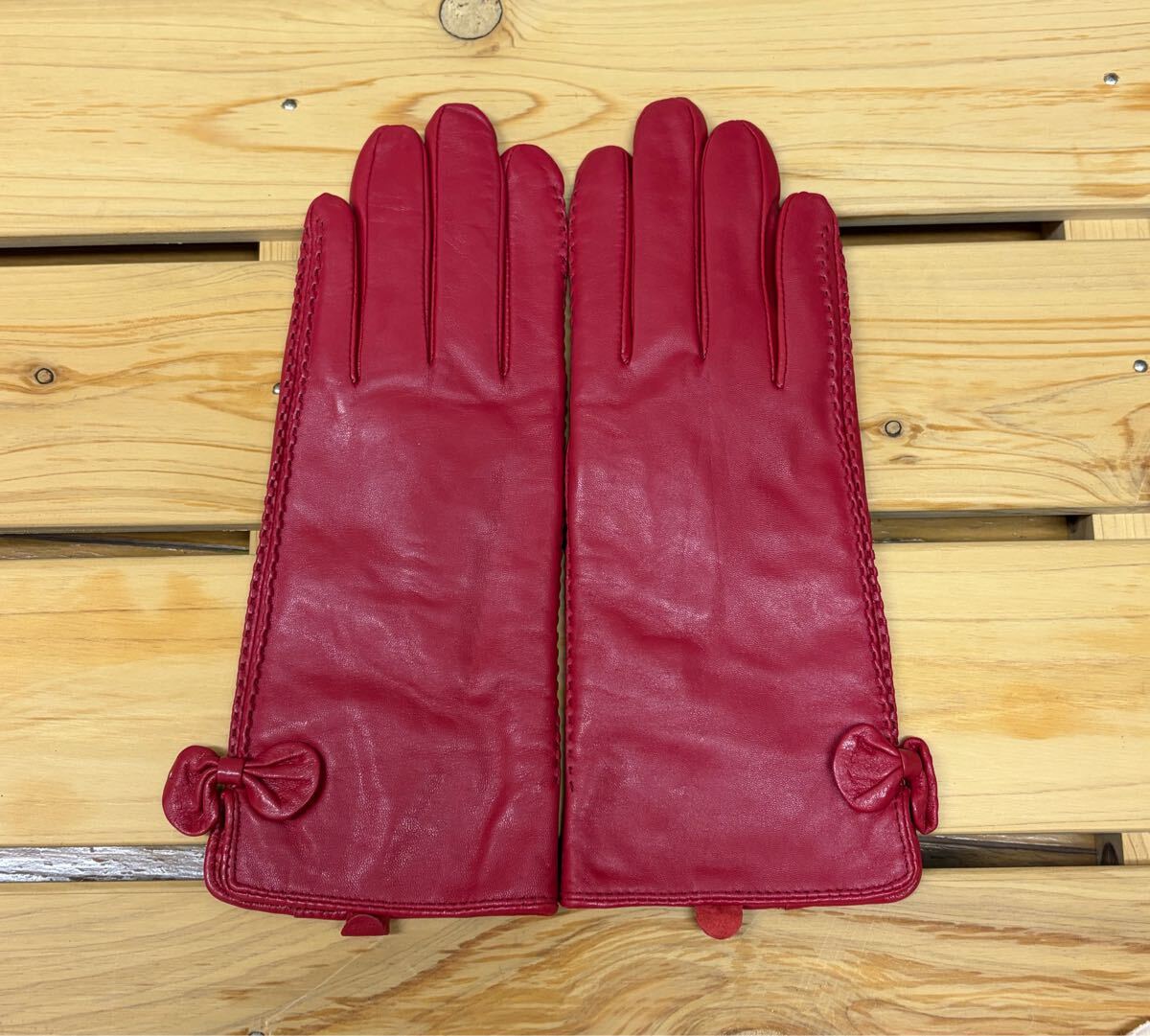 高級★一枚革グローブ　本革手袋　セミロング　暖かい♪ 本革　　スマホ対応♪ レッ