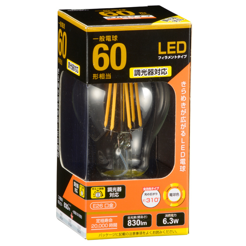 LED�d�� �t�B�������g ��ʓd�� E26 60�`���� ������Ή� �d���F �N���A �S�����bLDA6L/D C6 06-3483 OHM
