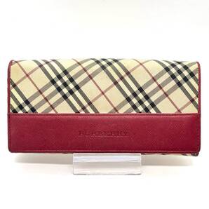 BURBERRY バーバリー 長財布 ノバチェック レザー がま口 キャンバス ロングウォレット レディース レッド