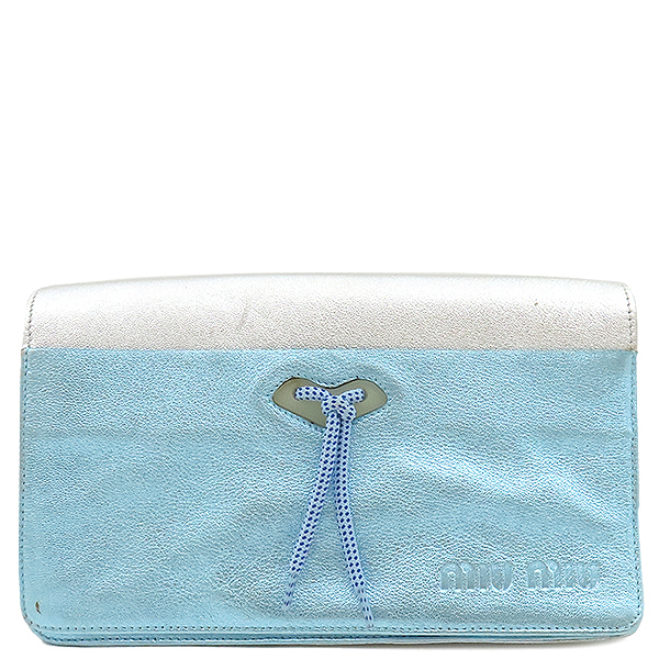 ミュウミュウ ショルダーバッグ ロゴエンボス ショルダ― レザー ブルー バイカ