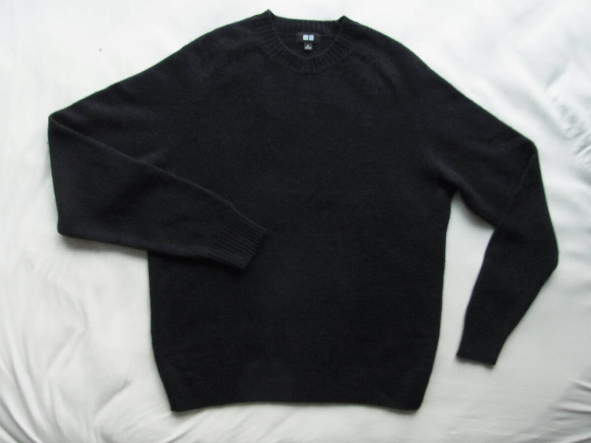 UNIQLO Uniqlo шерсть 100% вырез лодочкой свитер размер L темный темно-синий серия 351-460940