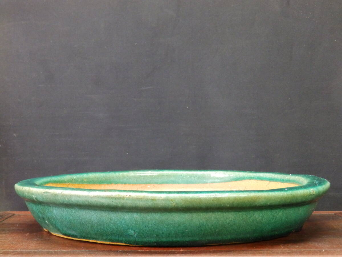★盆栽日和★　【広東鉢】緑釉外縁丸鉢　35㎝ (h・n)　