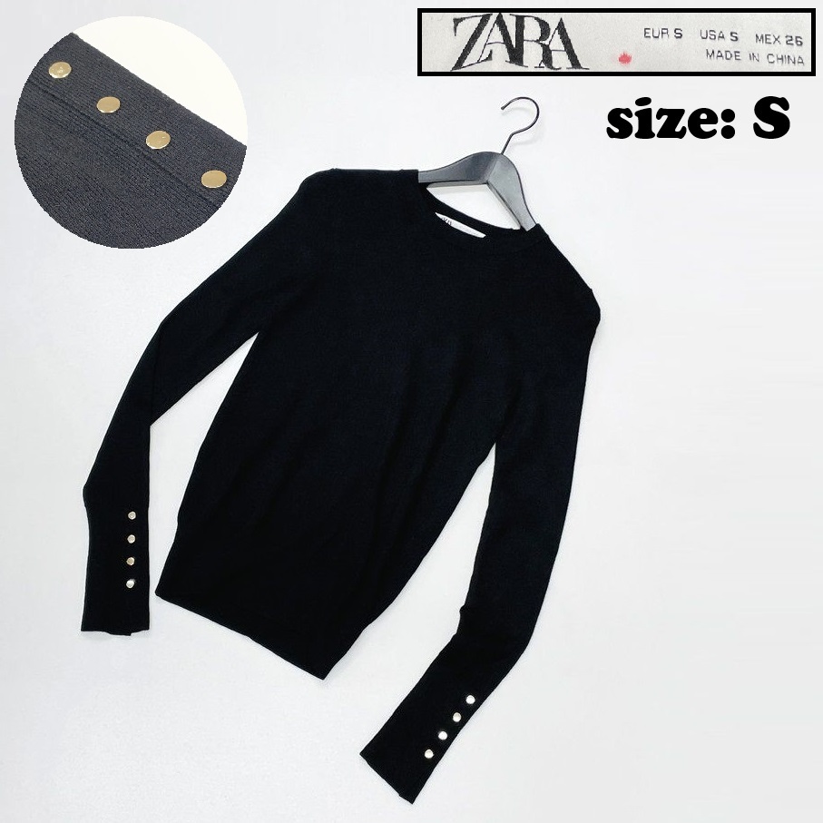 ZARA /S/ ブラック 長袖ニットセーター トップス レディース カジュアル通勤 大人可愛い ゴールドボタン旅行ナイロン混ストレッチ生地 ザラ