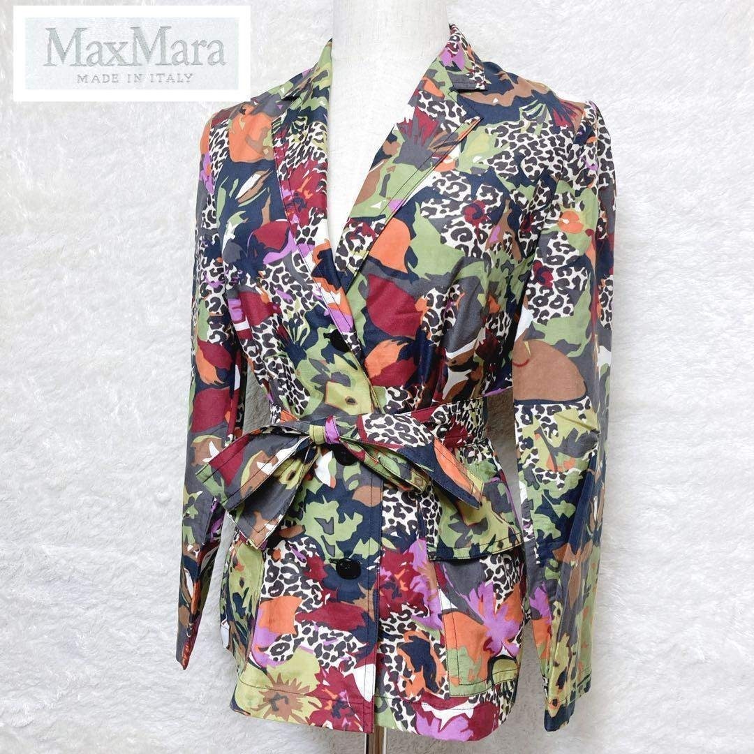 美品 マックスマーラ 白タグ 総柄 ブラウス ジャケット シルク混 42