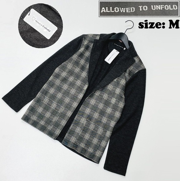 ALLOWED TO UNFOLD /M/ グレー系 チェック テーラードジャケット ボタンレス 長袖アウター タグ付き ストレッチ 切替 オフィスカジュアル