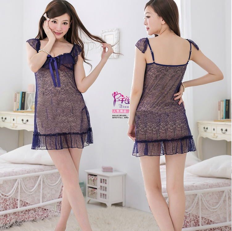 新品 未使用 送料無料6308ブルー総レースシースルーベビードール裏地なし スケ