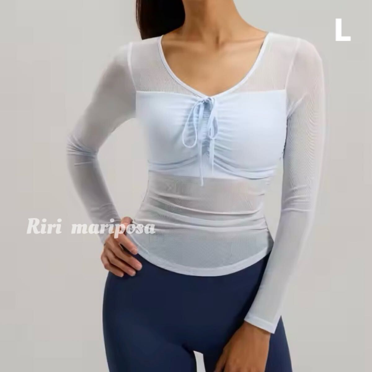 パワーネット＊メッシュ地＊長袖トップス ブルーLサイズ ヨガウェア ピラティス 