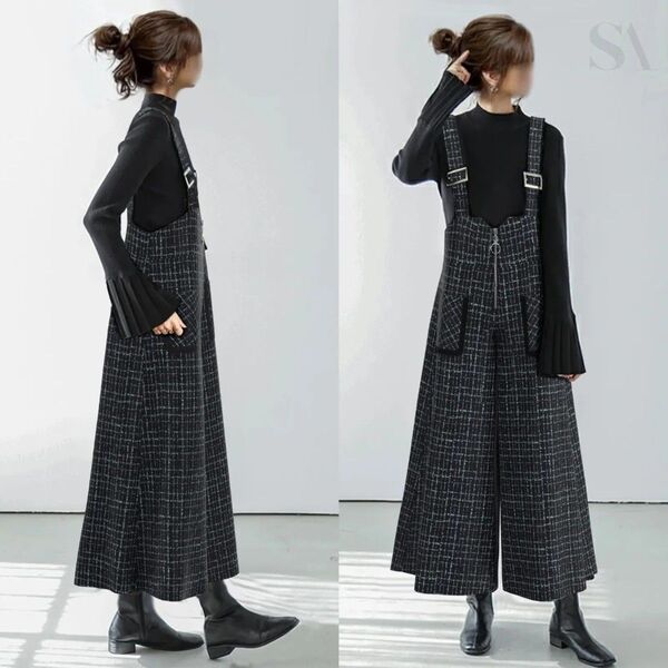 サロペットオールインワンパンツゆったりワイドパンツ大人チェックズボン通勤オフィス オーバーオール グレー パンツ