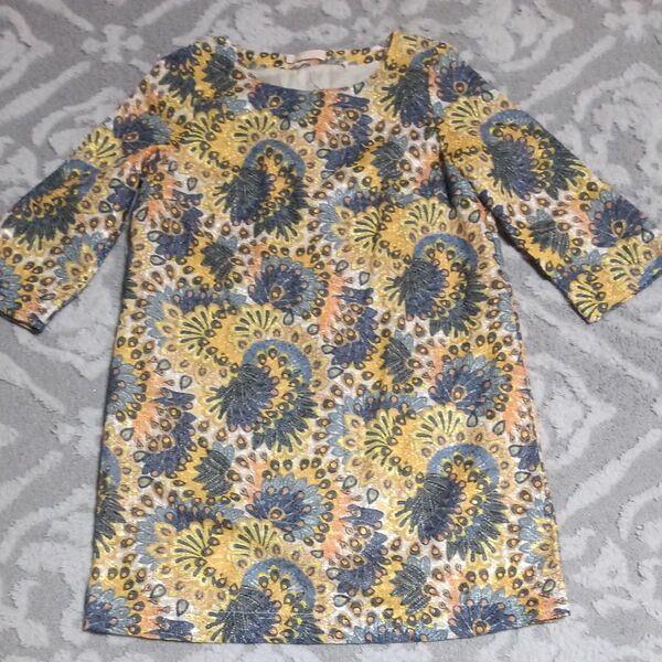 花柄チュニックワンピース 七分袖 エスニック柄 イエロー系