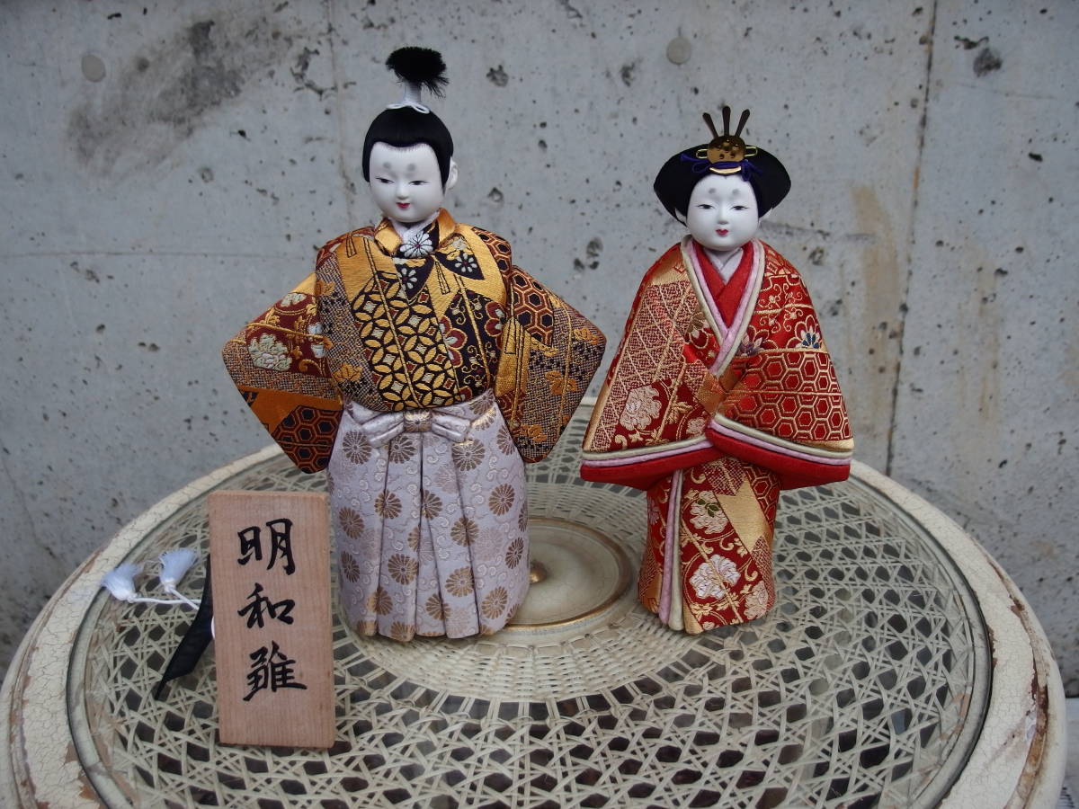 [201203 A] Muñecas Hina de madera Kyoto Meiwa Hina usadas, 2 figuras con caja, estación, Eventos anuales, festival de muñecas, muñecas hina