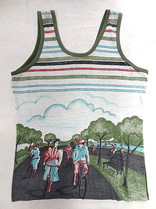  Vintage sia-z rare 60S 70S front total pattern illustration print green green color tank top . rare inner T-shirt atmosphere 