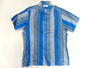 BANGKOK HOUSE バンコク タイ製 シルク 絹 100％ 光沢 青 ブルー ストライプ 総柄 半袖 シャツ ポケット グラデーション アジア ビンテージ