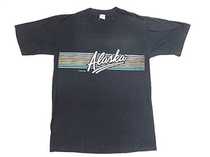 ビンテージ 希少 ALASKA アラスカ 70S 80S ロゴ レインボー カラー プリント 黒 ブラック Tシャツ VELVA SHEEN レア 珍品 綿ポリ USA製 　