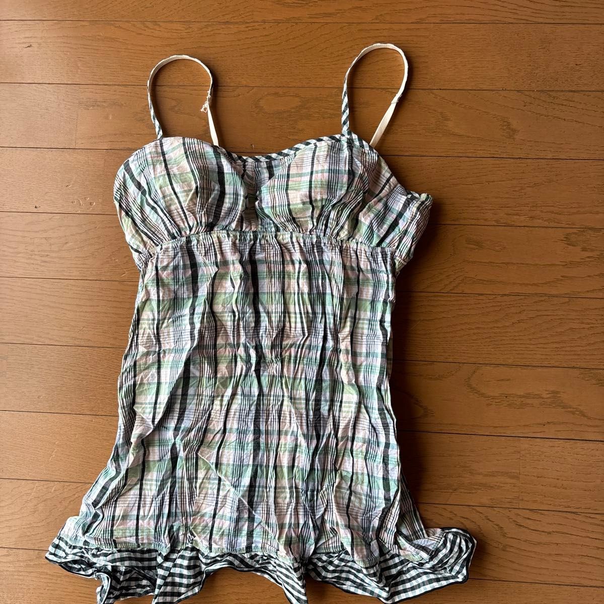 ルームウエアチェック柄 キャミソール チュニック グリーン系 Mサイズ