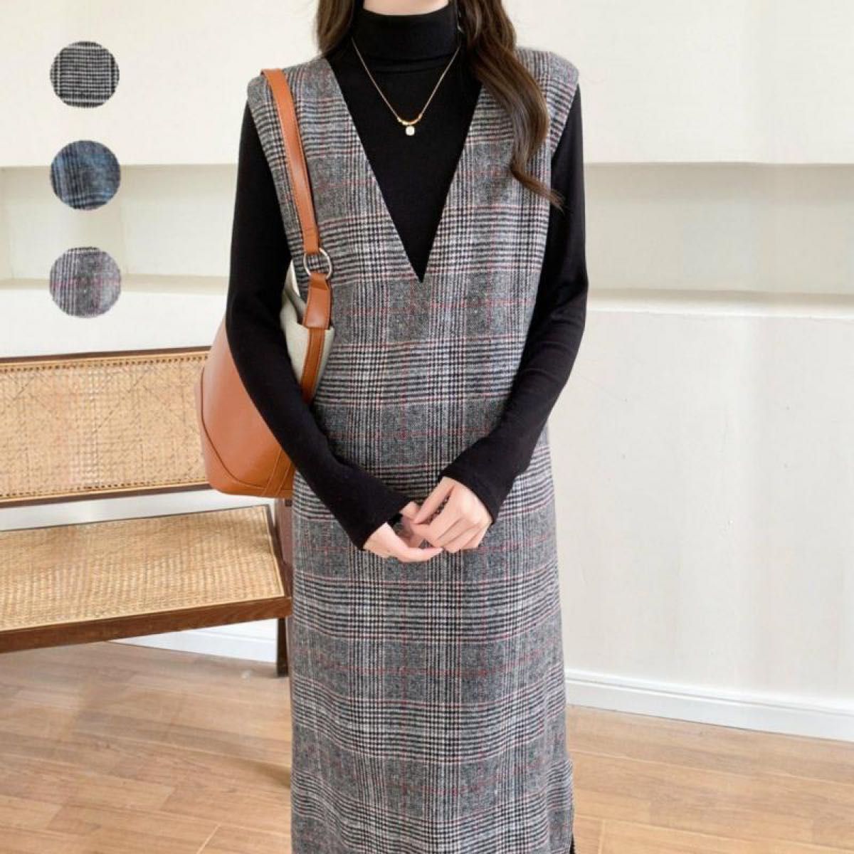 チェック柄 ジャンバースカート ロングワンピース F