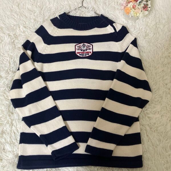 キャプテンサンタ ネイビー×白 ニット ストライプ ボーダー 綿100% S セーター