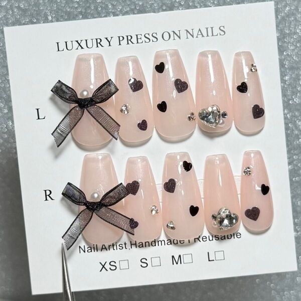 4【サイズオーダー】ワンホン 韓国 フレンチガーリー ちゅるん リボン ハートピンク ジェルネイルチップ ネイル ワンカラー