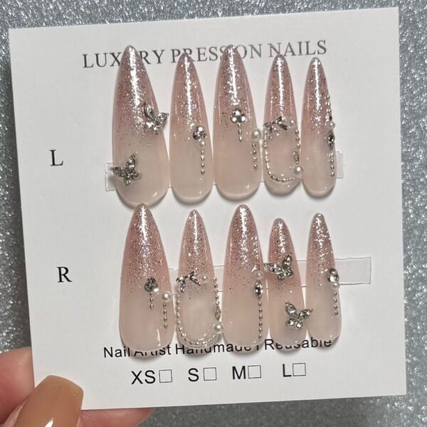 39【サイズオーダー】ネイルチップ ラメグラ ワンホン ロング 韓国 ピンク 蝶 フレンチガーリー 大人 量産 推し リボン