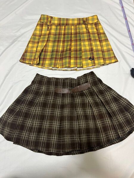 チェック柄プリーツミニスカート 2枚セット イエロー ブラウン