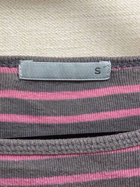 GUボーダーカットソー Sサイズ グレー ピンク