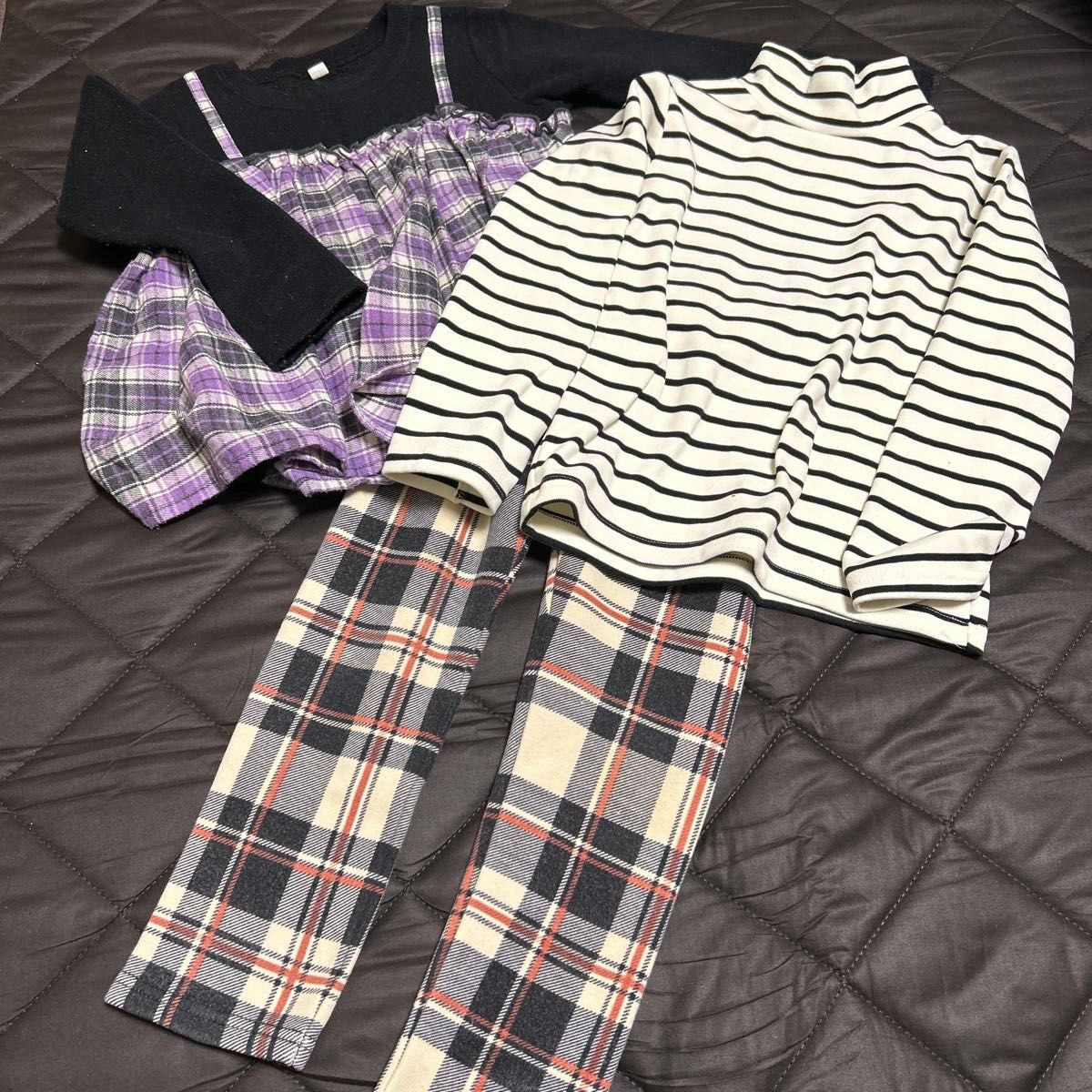 女の子 まとめ売り 3点セット チェック柄 ワンピース ボーダー トップス レギンス　裏起毛セット　110センチ