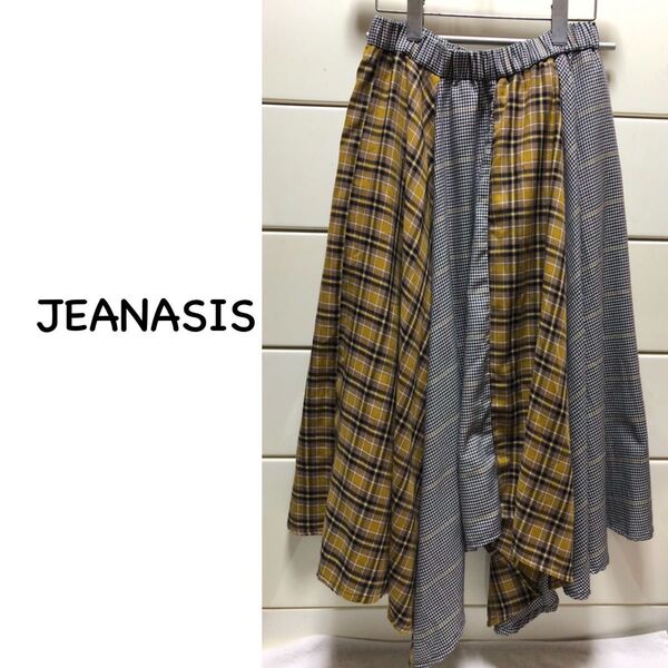 JEANASIS 千鳥格子 × チェック アシンメトリー ロングスカート F ジーナシス チェック柄 ウエストゴム
