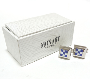 [mac56] new goods MON ARTmon art cuffs cuff links silver × blues ton × pearl Italy made check pattern 