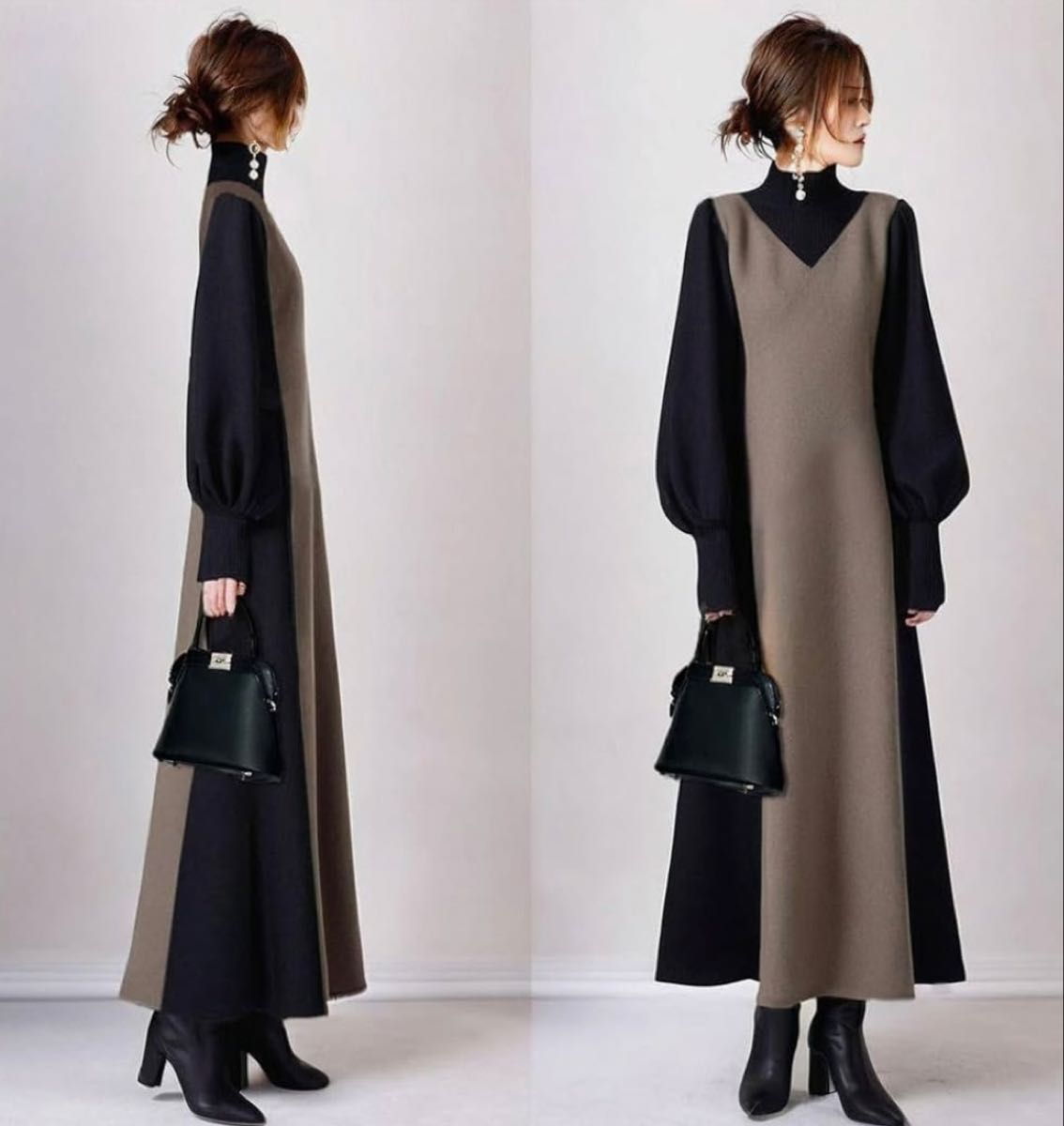 ロングワンピース　長袖　モノトーン　タートルネック　ぽわん袖　重ね着風　きれいめ ハイネック ぽわん袖 着痩せ マキシ丈 通勤