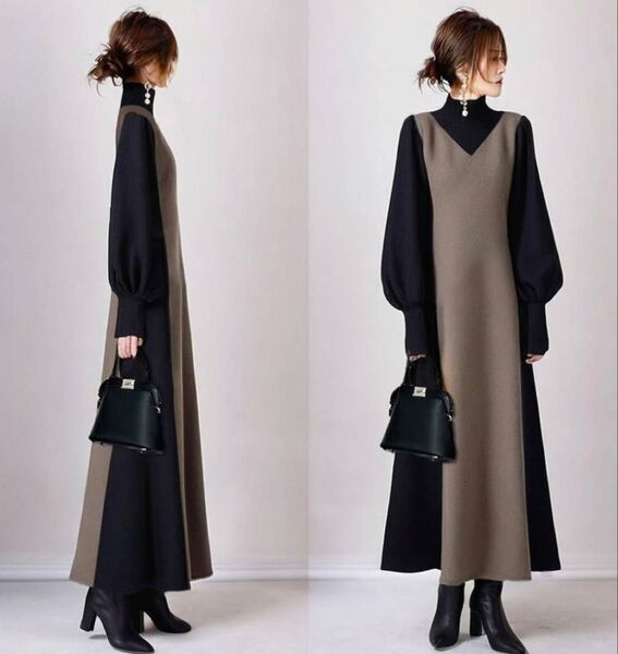 ロングワンピース 長袖 モノトーン タートルネック ぽわん袖 重ね着風 きれいめ ハイネック ぽわん袖 着痩せ マキシ丈 通勤