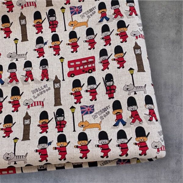 綿麻キャンバス 生地 50cm ネコ in London ロンドン 猫 コットンこばやし