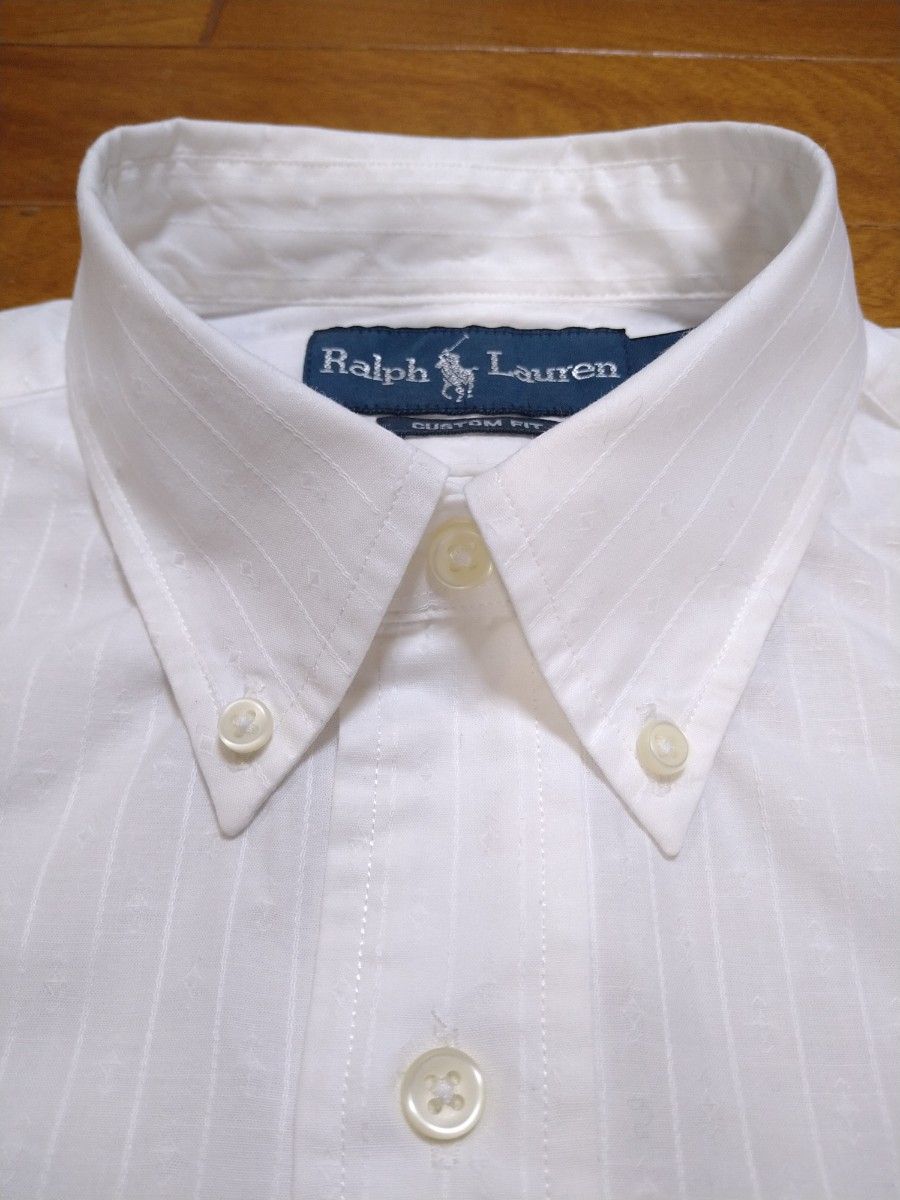 ラルフローレン RALPH LAUREN 長袖ボタンダウンシャツ ３点留　ホワイト　ドット&ストライプ　S