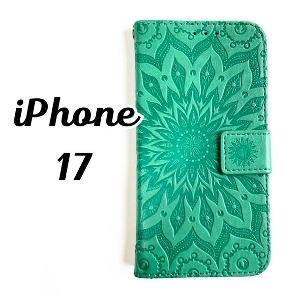iPhone17 アイフォン 手帳型スマホケース 型押しデザイン 高級レザー カード収納付き おしゃれ グリーン 緑 大きな花