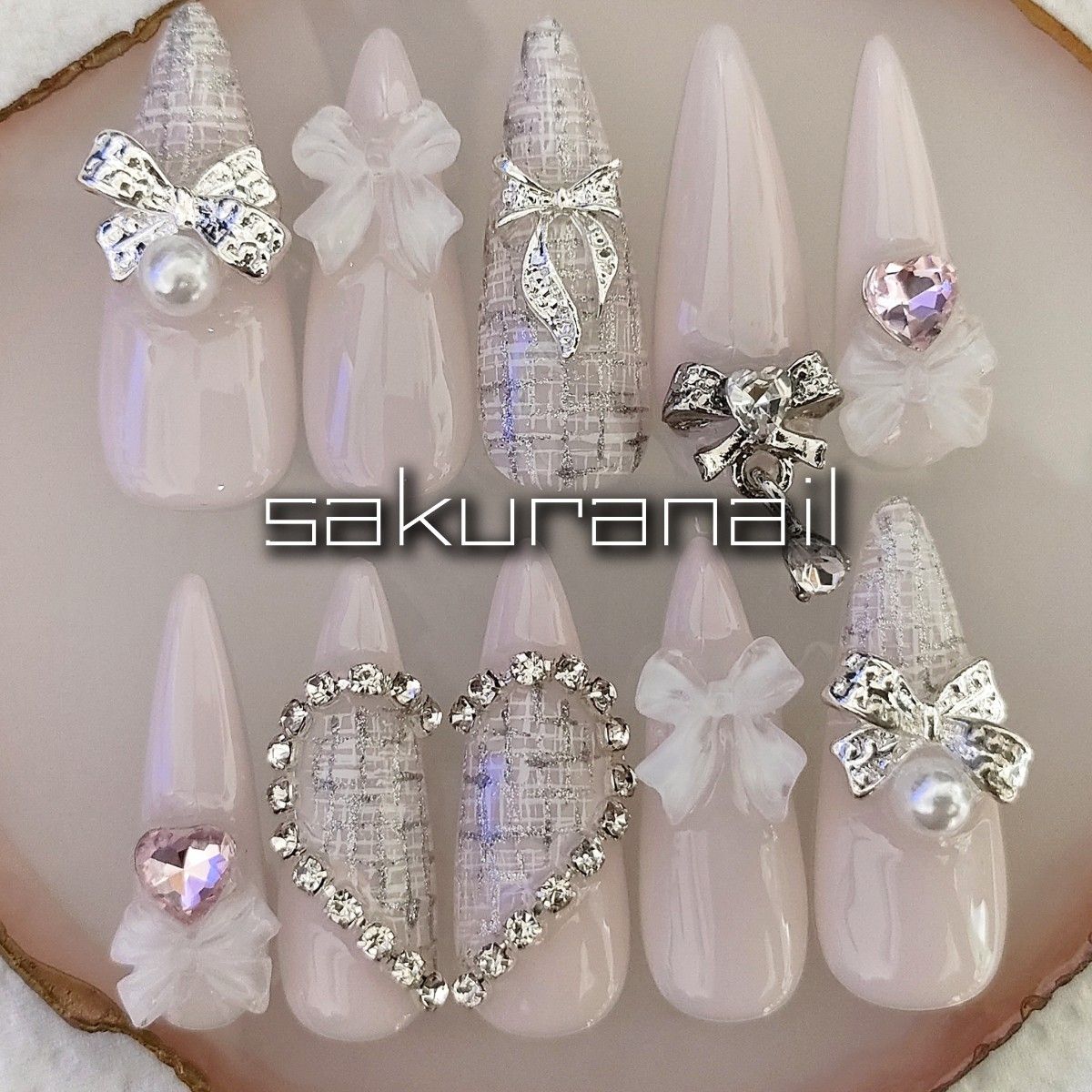 ネイルチップ現品　ロングスティレットE　ツイード柄　ちゅるんピンク　フレンチガーリー　リボン　ちゅるんb　韓国ワンホン