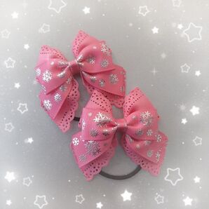 スノーフレークリボンヘアゴム2個セット① ピンク