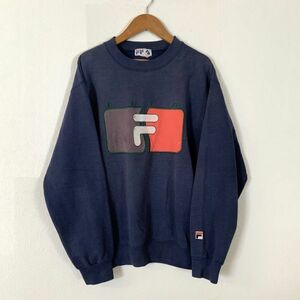 90*s FILA filler big embroidery sweat sweatshirt men's M size navy navy blue old clothes MIX