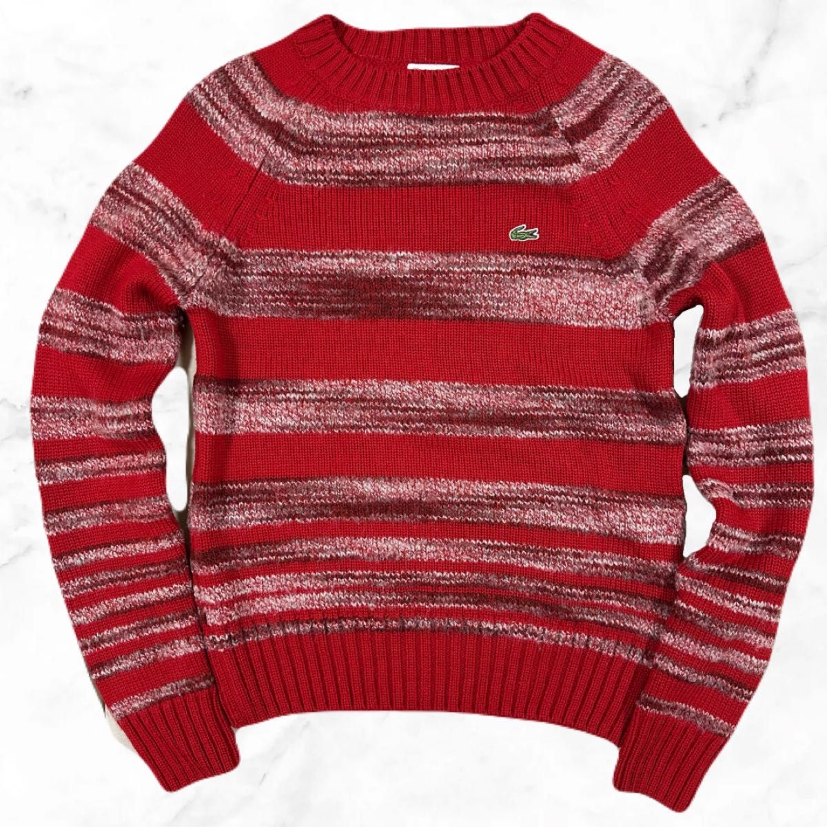 LACOSTE ラコステ 赤ボーダー ニット 長袖 アルパカ ウール 38 M セーター トップス クルーネック リブ編み 美品