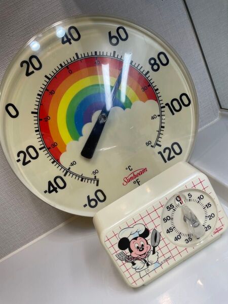 【Sunbeam 】レインボー 温度計 &ミッキーマウス キッチンタイマーセット ビンテージ MADE IN USA