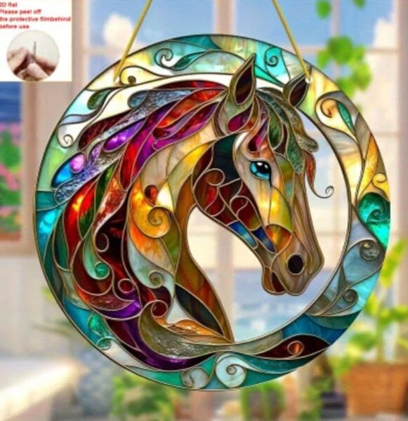 884 サンキャッチャー 馬 午年 干支 丙午 インテリア アクリルプレート 円形 ホース ステンドグラス風