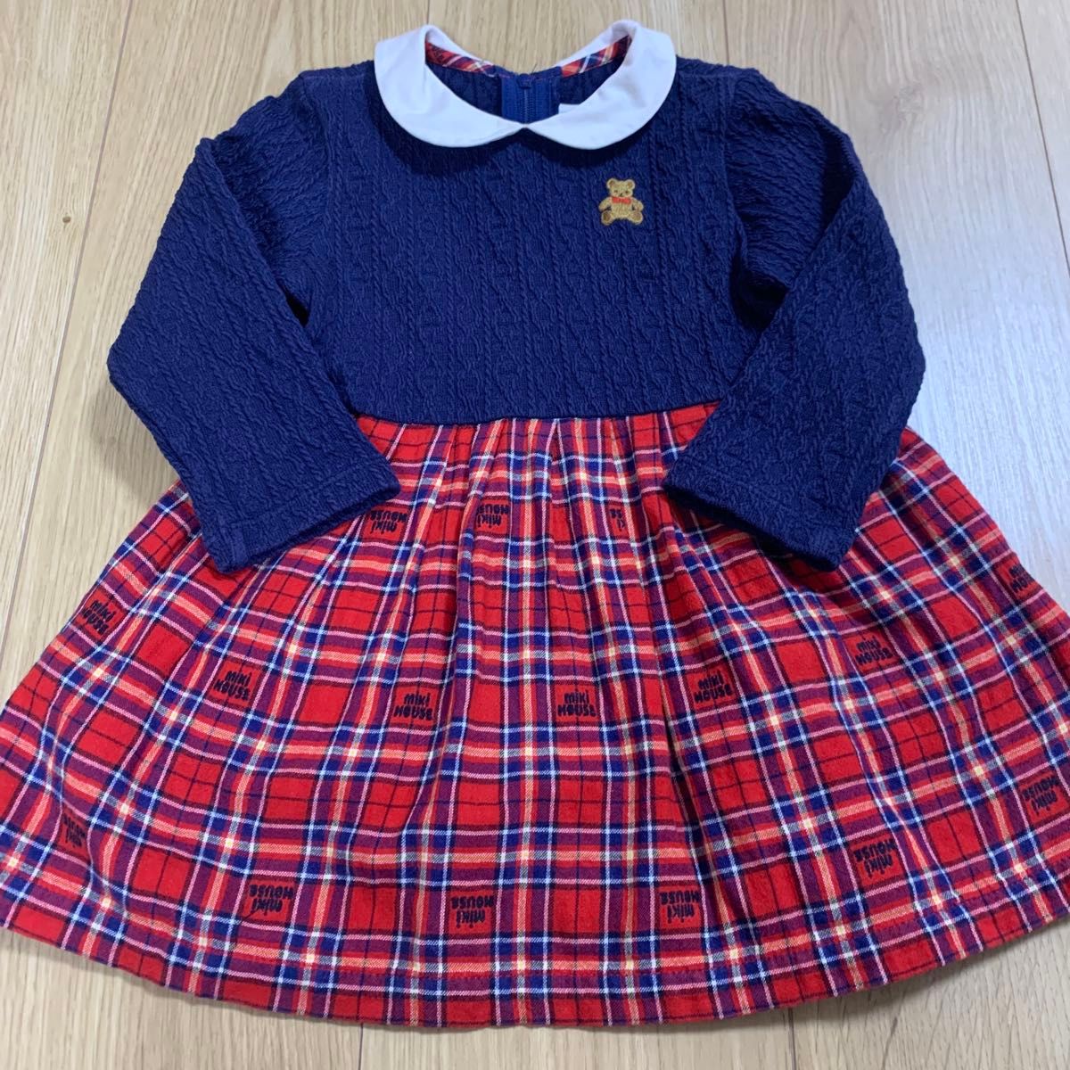 ミキハウス チェック柄ワンピース ネイビー レッド くま刺繍　