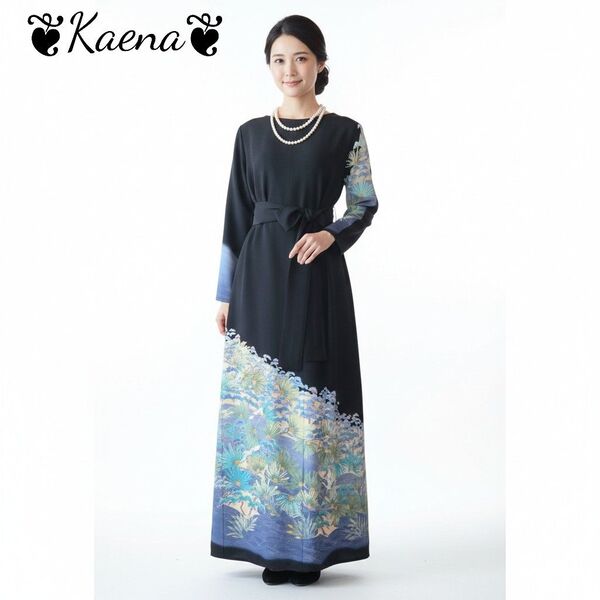 着物リメイク ワンピース 作家物 友禅 ロング ドレス Aライン 黒留袖 紐付 結婚式 パーティー 卒業式 入学式 オケージョン